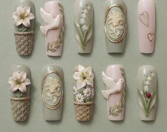 Handmade Vintage Dove Press On Nails | 3D White Flower, Olive Branch, Cameo Frame, Lily of the Valley, Elegant Square Nails