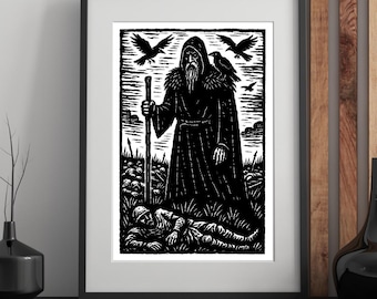 Odin God Poster: Norse Mythology Woodcut Art, Framed