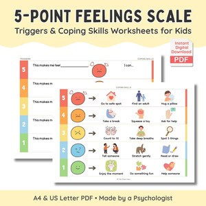 Escala de Sentimentos de 5 Pontos: Gatilhos e Folhas de Atividades sobre Estratégias de Enfrentamento para Crianças - Regulação Emocional