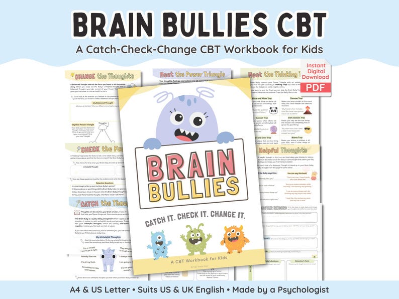 A Brain Bullies CBT workbook for kids, based on the Catch-Check-Change framework of cognitive behavioral therapy. Instant digital download for therapists and educators supporting children with anxiety, depression, and anger management issues to build emotional regulation skills and to develop cognitive reframing/restructuring skills to cope with automatic negative thoughts.
