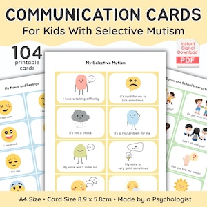 May include: Communication cards for kids with selective mutism. The cards feature illustrations of feelings and social interactions. The set includes 104 printable cards, A4 size, with each card measuring 8.9 x 5.8 cm.