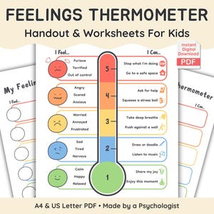Feelings Thermometer with 5 Point Scale: Coping Skills Worksheet for Kids (Digital Download)