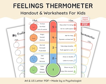 Feelings Thermometer with 5 Point Scale: Coping Skills Worksheet for Kids (Digital Download)