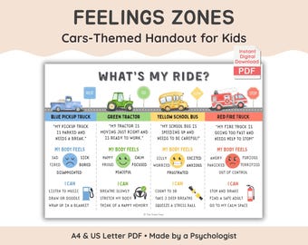 Vehicle Theme Feelings Zones Handout for Kids Social Emotional Learning (Digital Download)