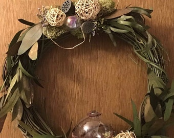Year-round woodland vine wreath with Willow Eucalyptus Garland, Mosses, Pods, and Glass Bubble Vase for Fresh Flowers, elvish feel