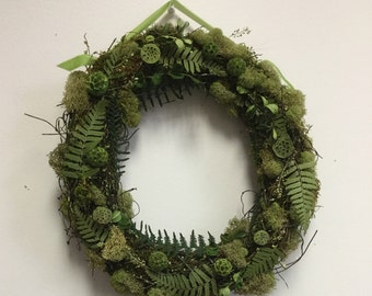 Year-round wreath-Forest Fairy wreath, green, forest-woodland wedding decor, neutral earth colors, natural dried materials, springtime