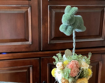Sweet rabbit topiary centerpiece, Mother’s Day Gift Whimsical and elegant “Leaping  Bunny"  topiary, with natural pastel dried flowers