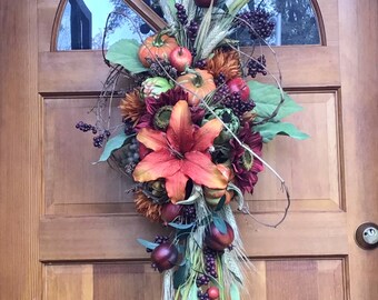 Posh centerpiece or restaurant decor; lush faux pumpkins, fruit, lily, berries, Tuscan Harvest gathering, farmhouse style, for door.