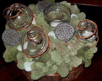Topiary centerpiece, Zen garden w/ moss, lotus pods, tea lights, fresh flower bubble vases - instant centerpiece for any occasion