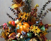Autumn thru Thanksgiving decor, for door or table, fall cornucopia basket, pumpkin, gourds, berries, flowers, leaves, bright fall colors