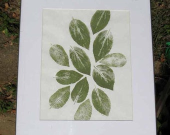 Botanical Nature print, "The Gathering," a hand-pulled relief print, one-of-a -kind print of hibiscus leaves, green ink, printing, monotype