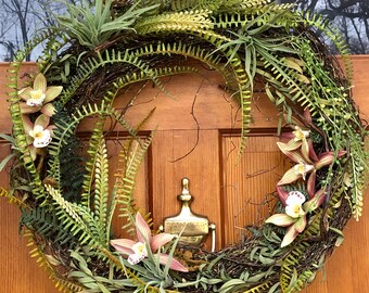 Rain forest wreath, ferns, exotic wild orchids, Mother’s Day, woodland wedding decor, year-round wreath, vines, ferns, small orchids, moss