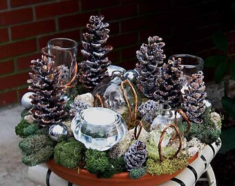 ON SALE! Tabletop topiary moss centerpiece, frosted pine cone forest with bud vases & tealights, for fresh flowers and candlelight