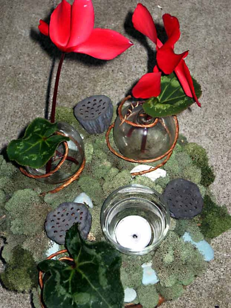 Topiary centerpiece, Zen garden w/ moss, lotus pods, tea lights, fresh flower bubble vases instant centerpiece for any occasion image 3