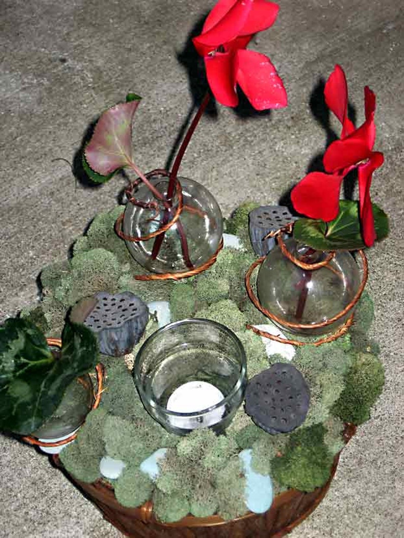 Topiary centerpiece, Zen garden w/ moss, lotus pods, tea lights, fresh flower bubble vases instant centerpiece for any occasion image 5