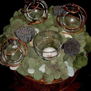 Topiary centerpiece, Zen garden w/ moss, lotus pods, tea lights, fresh flower bubble vases instant centerpiece for any occasion image 2