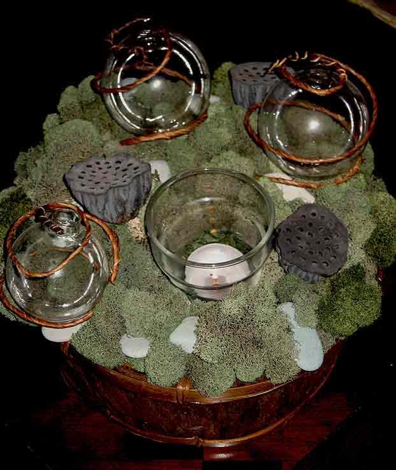 Topiary centerpiece, Zen garden w/ moss, lotus pods, tea lights, fresh flower bubble vases instant centerpiece for any occasion image 2