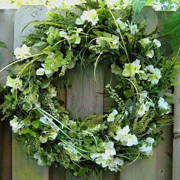 Green Summer Wreath, nice for weddings, Diana Wreath, green year-round wreath, mixed green foliage,  white & green hydrangea