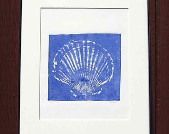 Giant scallop shell print, 11 x 14, original nature relief print, coastal living, marine blue, hand-pulled print, nautical theme, seaside