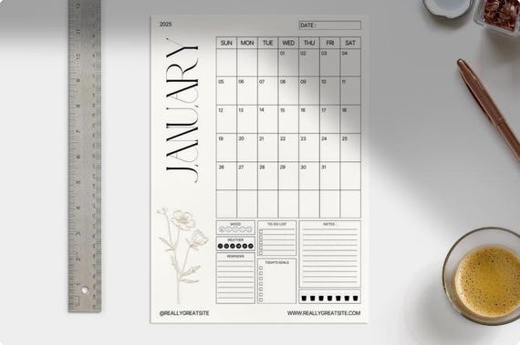 2025 Calendar Planner | Aesthetic Minimalist Black and Cream | Floral Monthly Organizer | To-Do and Goals Printable A4 PDF Instant Download
