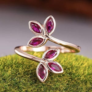 Rubin ädelstensring, blommig blad justerbar statementring, eleganta presentsmycken