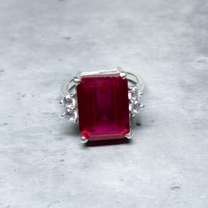 925 Sterling Silver Gold Plated Ruby Ring, Emerald Cut (12x16mm).