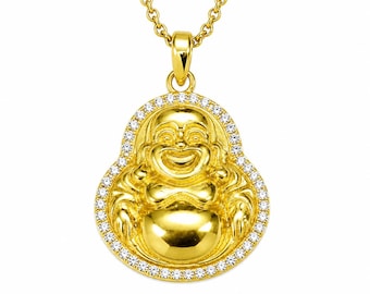 Gold Plated Laughing Buddha Necklace, Moissanite Buddha Pendant, Feng Shui Jewelry, Prosperity Gift
