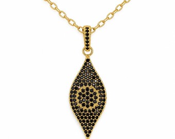 Halskette mit schwarzem Spinell und bösem Blick, vergoldeter Pavé-Anhänger, zartes Schmuckstück zum Schutz – das perfekte Geschenk