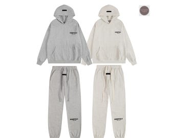 Unisex Baumwoll Kapuzenpullover mit Jogginghose in Heather Grey und Cream Grey Trainingsanzug