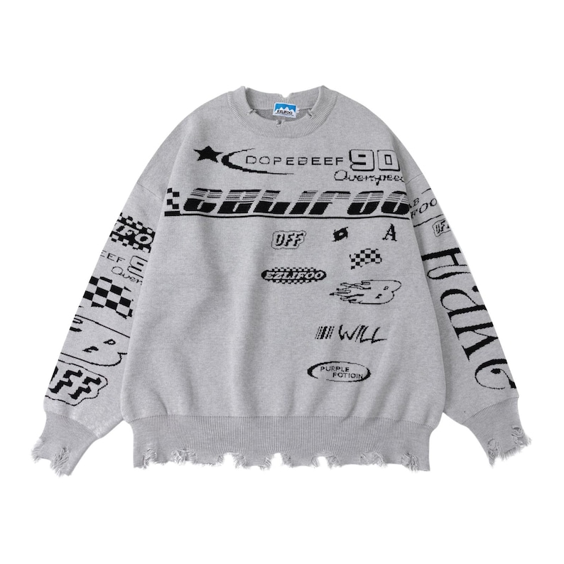 May include: A gray sweatshirt with distressed edges and black graphic text. The text includes "DOPEBEEF 90", "CALIFOO", "OFF", "WILL", and other racing-themed designs. The sleeves also feature text and checkered patterns.