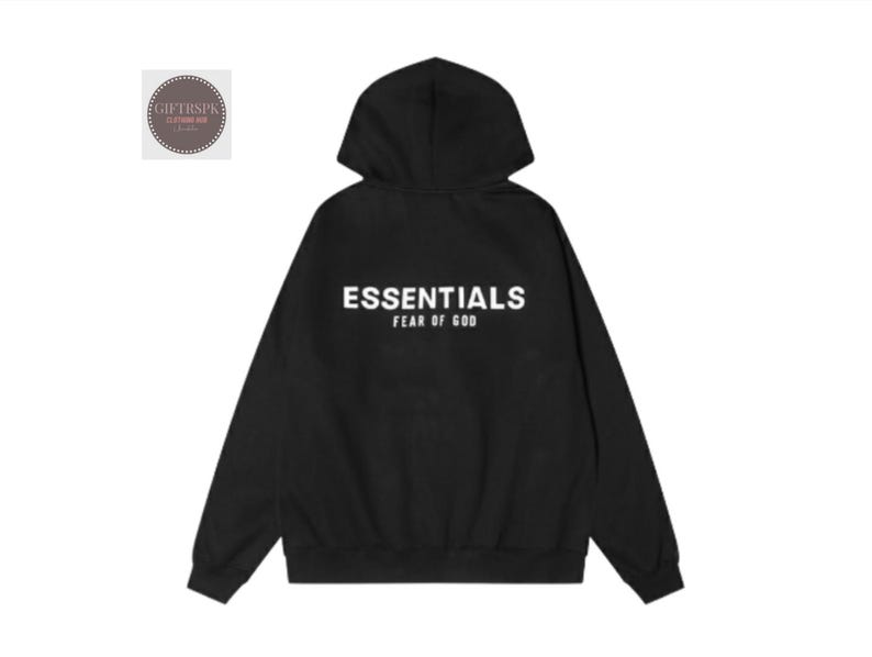May include: Black hoodie with the word "ESSENTIALS" printed in white across the back, with "FEAR OF GOD" below it. The hoodie has a hood and long sleeves. The brand logo is in the upper left corner.