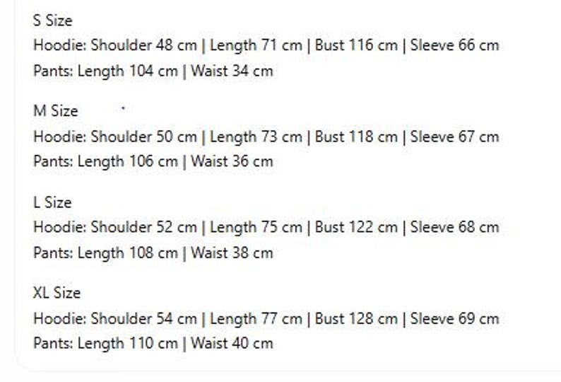 May include: Detailed size chart for a hoodie and pants set, including measurements in centimeters. Sizes range from S to XL, with measurements for shoulder width, length, bust, sleeve length, and waist. The chart provides specific dimensions for each size.
