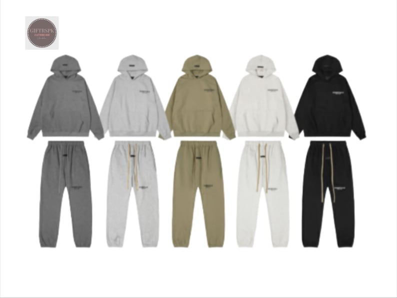 May include: Five matching hoodie and sweatpants sets in various colors: gray, light gray, olive green, white, and black. Each set features a hooded sweatshirt and matching sweatpants with a drawstring waist.