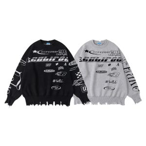 May include: Two crew neck sweaters, one black and one gray, with distressed hems. Both feature white graphic text and racing-themed designs, including the word "CALIFOR" and the number "90".