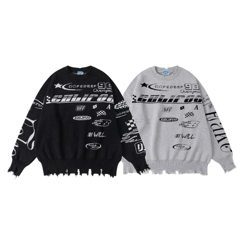 May include: Two crew neck sweaters, one black and one gray, with distressed hems. Both feature white graphic text and racing-themed designs, including the word "CALIFOR" and the number "90".