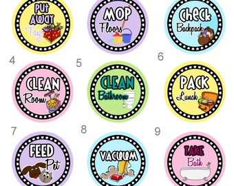 Childrens Chore Chart Magnets Flatback Pinback Buttons or Badge 1 inch set of 10