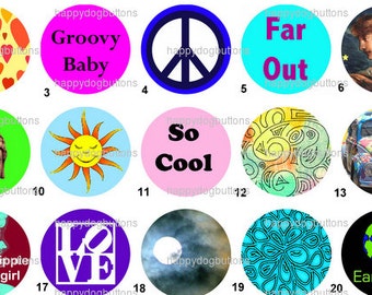 60's and 70's Peace and Love Pinback Button Badge Magnet Party Favor 1 inch  set of 10