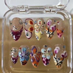 Garden Bloom 3D Press On Nails, Unique 3D Floral and Butterfly Designs, Handmade Fake Nails Art,Spring Nails,Luxury Nails,Y2K Nail