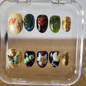 Fairy Forest 3D Press On Nails, Mushroom and Butterfly Garden Nails, Artistic Flower Nail Art, For Elegant Looks