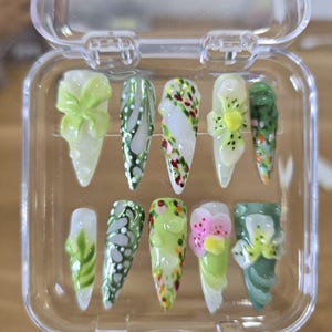 3D Floral Green Nail Art, Handmade Nature Nails, Green Garden Nails with Flowers & Butterflies, Fairycore nails