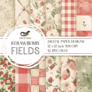 Op de afbeelding: Digitale papierontwerpen met aardbeienthema's. De ontwerpen omvatten bloemenpatronen, ruitjes en aardbeienillustraties. De tekst op de afbeelding luidt "Strawberry Fields" en "Digital Paper Designs 12 x 12 inch 300 DPI 12 JPEG FILES."