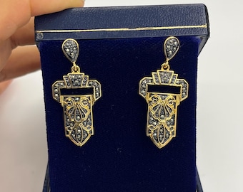 Orecchini pendenti Art Déco vintage / Gioielli da cocktail in cristallo nero e oro
