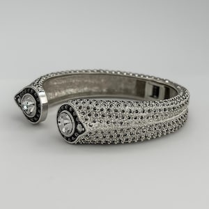 Vintage Silver Crystal Cuff Bracelet with Black Rhinestone Accents - Statement Hinged Bangle