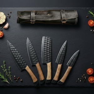 5 Piece Damascus Chef Knife Set with Natural Wood Handles, Kitchen Knives, BBQ Steak Knives, Ideal Wedding, Anniversary, or Birthday Gift