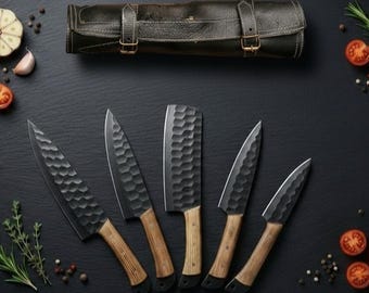 Juego de 5 cuchillos de chef de Damasco con mangos de madera natural, cuchillos de cocina, cuchillos para carne de barbacoa, ideal para bodas, aniversarios o cumpleaños.