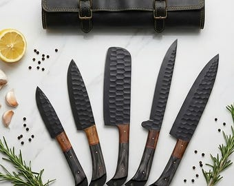 Hand Forged Damascus Steel 5PCS Chef Knife Set, Walnut Wood Handle Kitchen Knives
