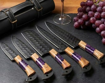 Damascus Chef Knife Set | Forged Kitchen Knives with Leather Roll, Birthday Gift for Her