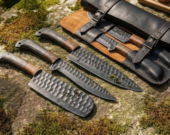 Hand Forged Damascus Steel Chef Knife Set, Walnut Wood Handle