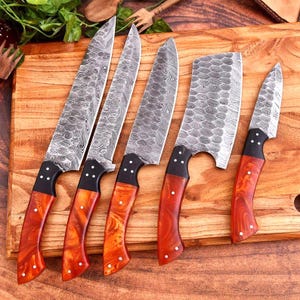 Handgefertigtes 5-teiliges Damastmesser-Set, handgefertigtes Kochmesserset, Küchenmesser, Kochmesserset, Geschenk für sie, Jubiläums- und Geburtstagsgeschenk USA