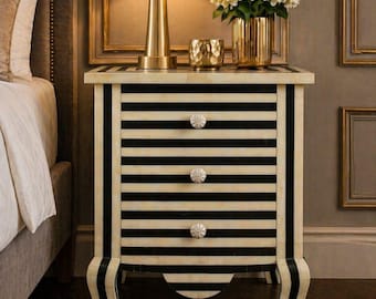 Handmade Black & Ivory Striped Nightstand with 3 Drawers